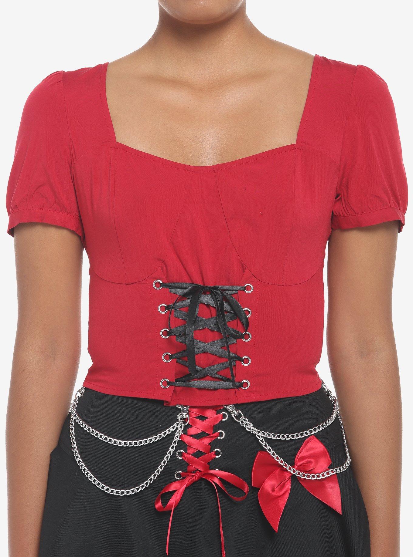 Red & Black Corset Lace-Up Girls Crop Top