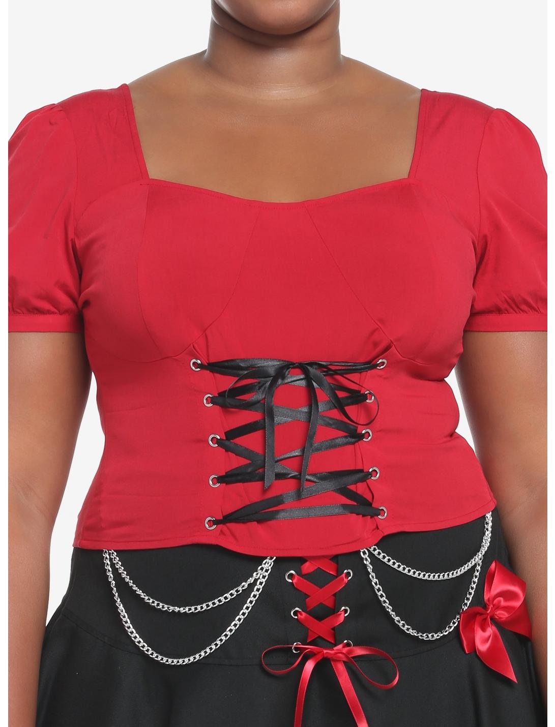 Red & Black Corset Lace-Up Girls Crop Top Plus Size, RED, hi-res