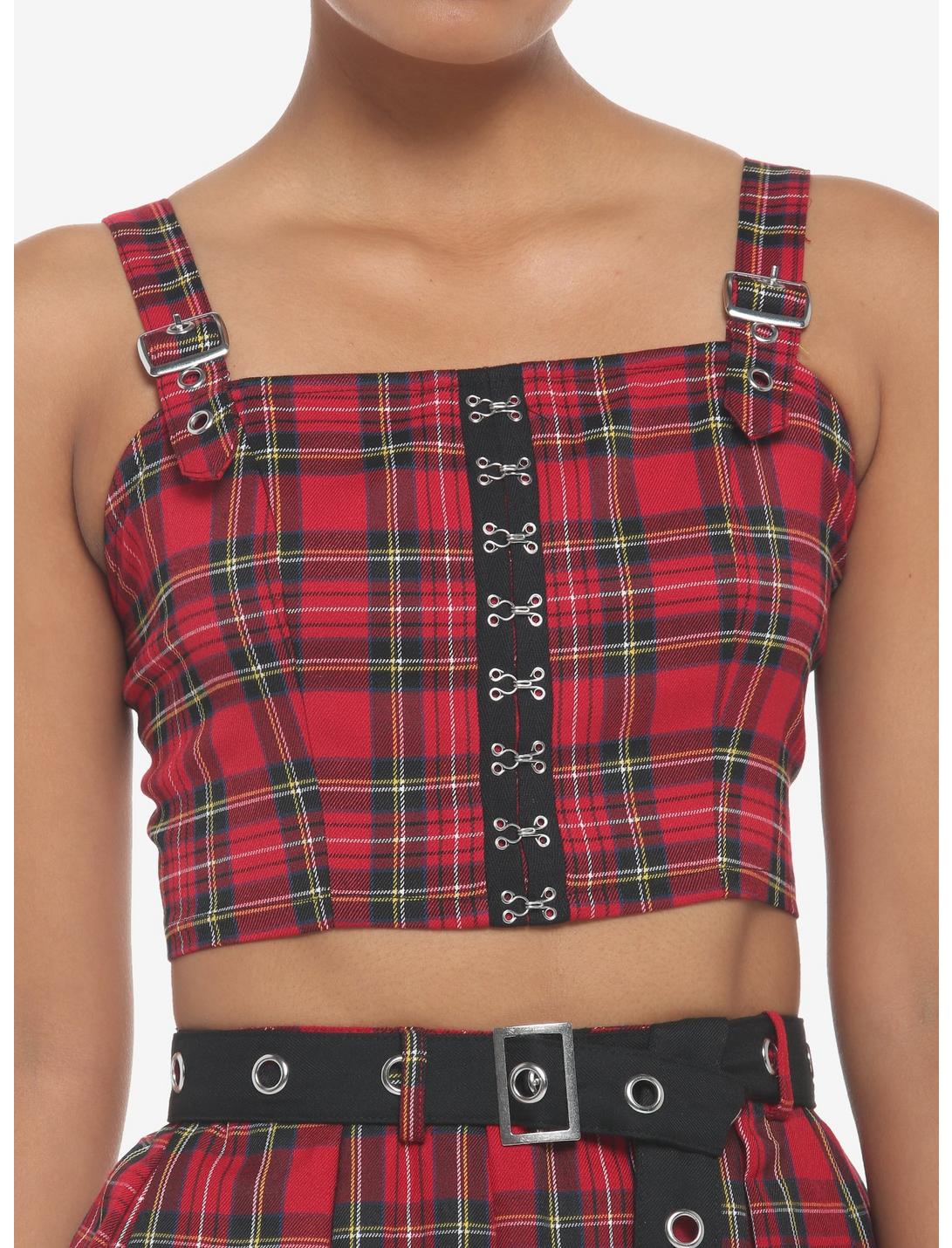 Red Plaid Buckle Strap Girls Crop Tank Top, RED, hi-res