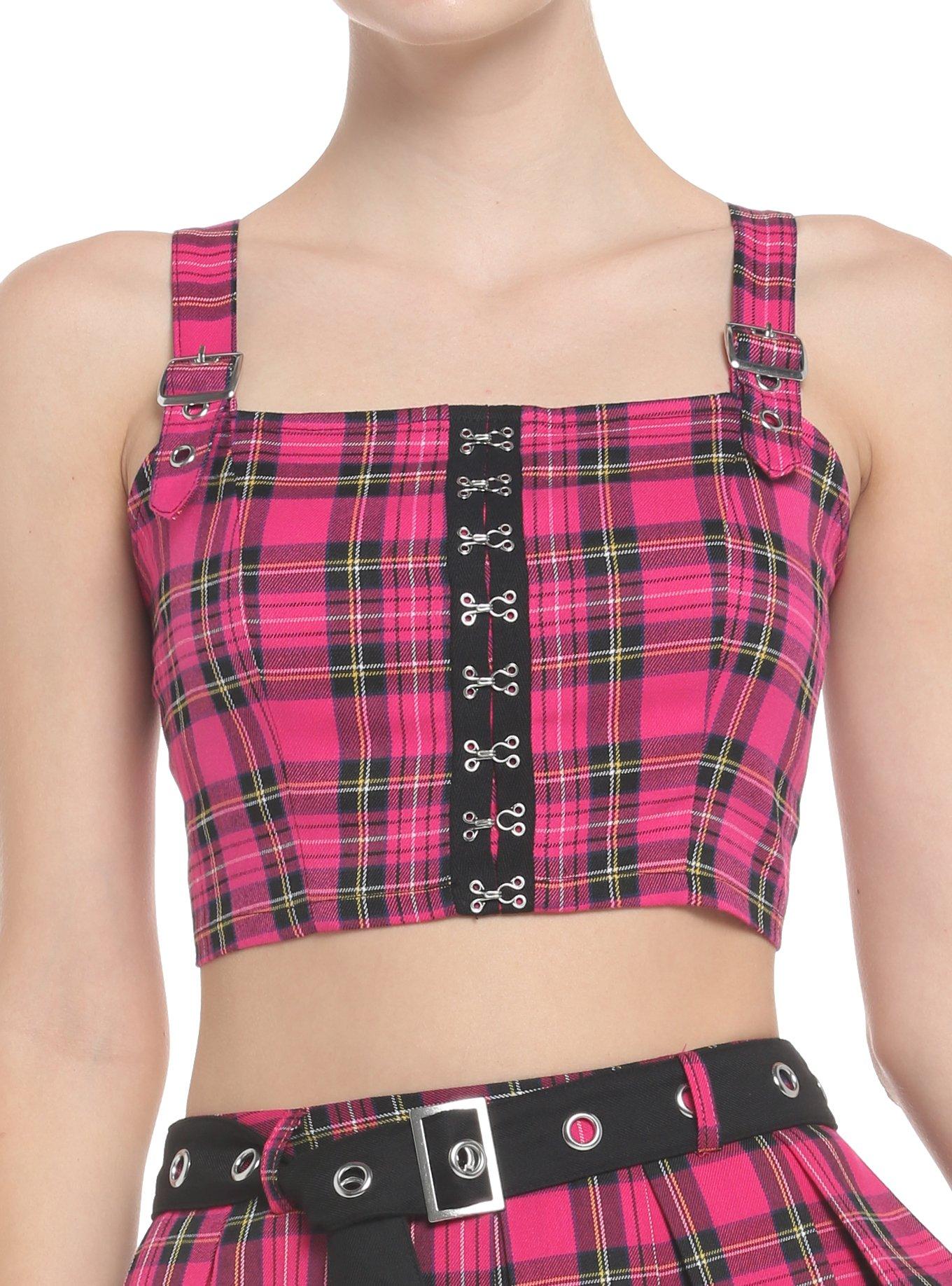 Hot Pink Tartan Hook-And-Eye Girls Crop Tank Top, PINK, hi-res