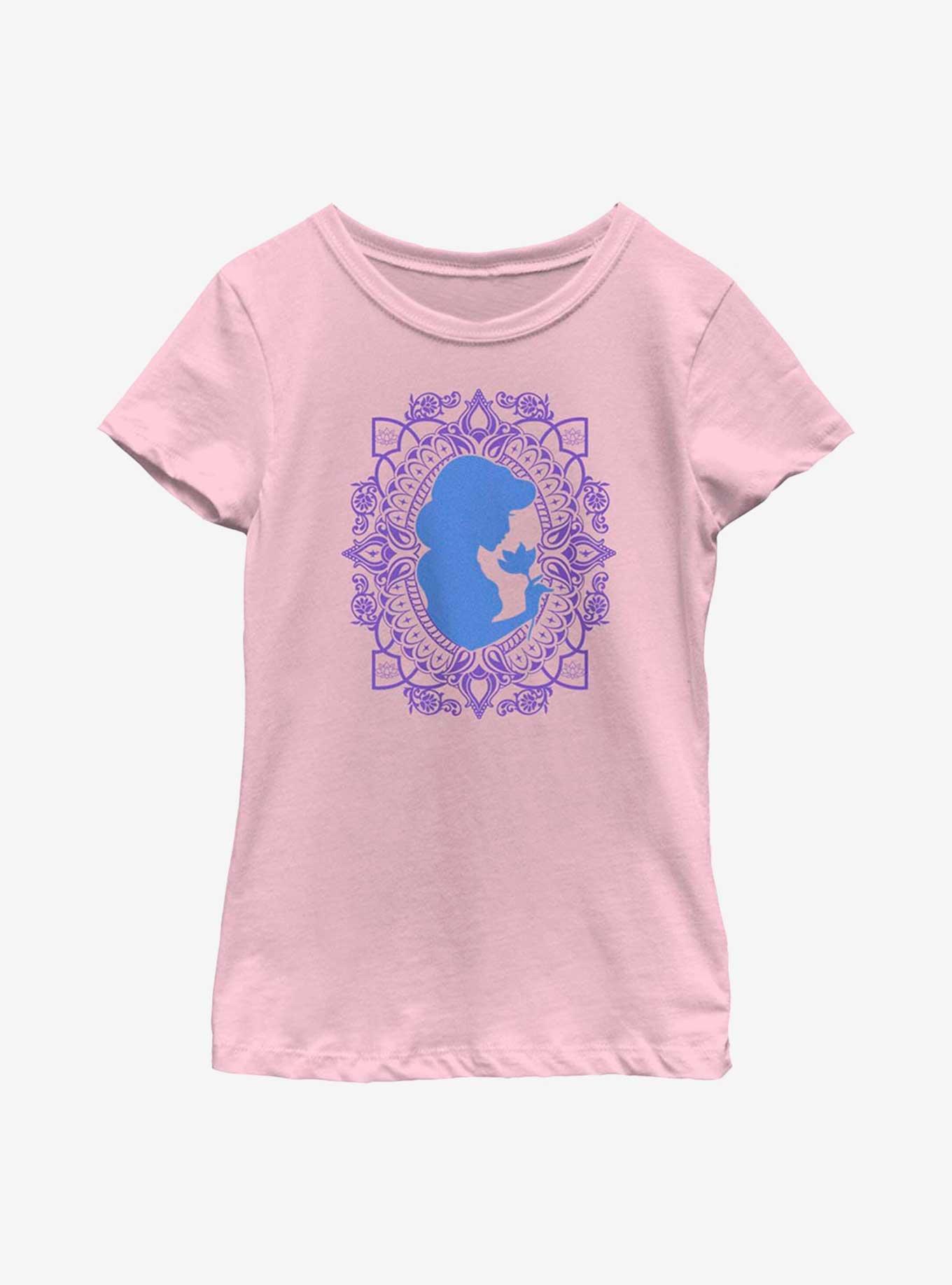 Disney Aladdin 30th Anniversary Jasmine Flower Frame Silhouette Youth Girls T-Shirt, PINK, hi-res
