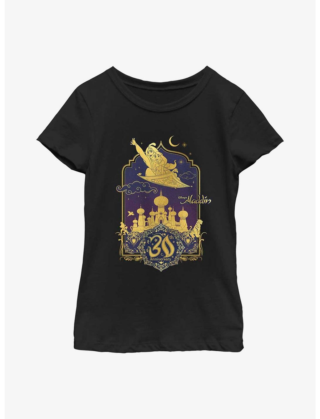 Disney Aladdin 30th Anniversary Aladdin & Jasmine Flying Carpet Youth Girls T-Shirt, BLACK, hi-res