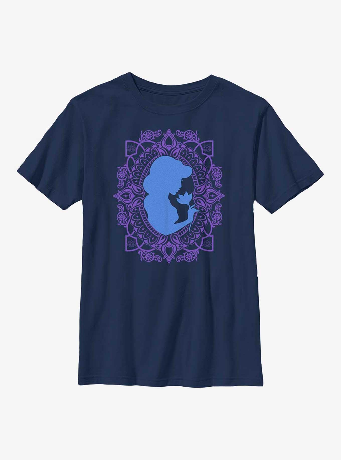 Disney Aladdin 30th Anniversary Jasmine Flower Frame Silhouette Youth T-Shirt, NAVY, hi-res
