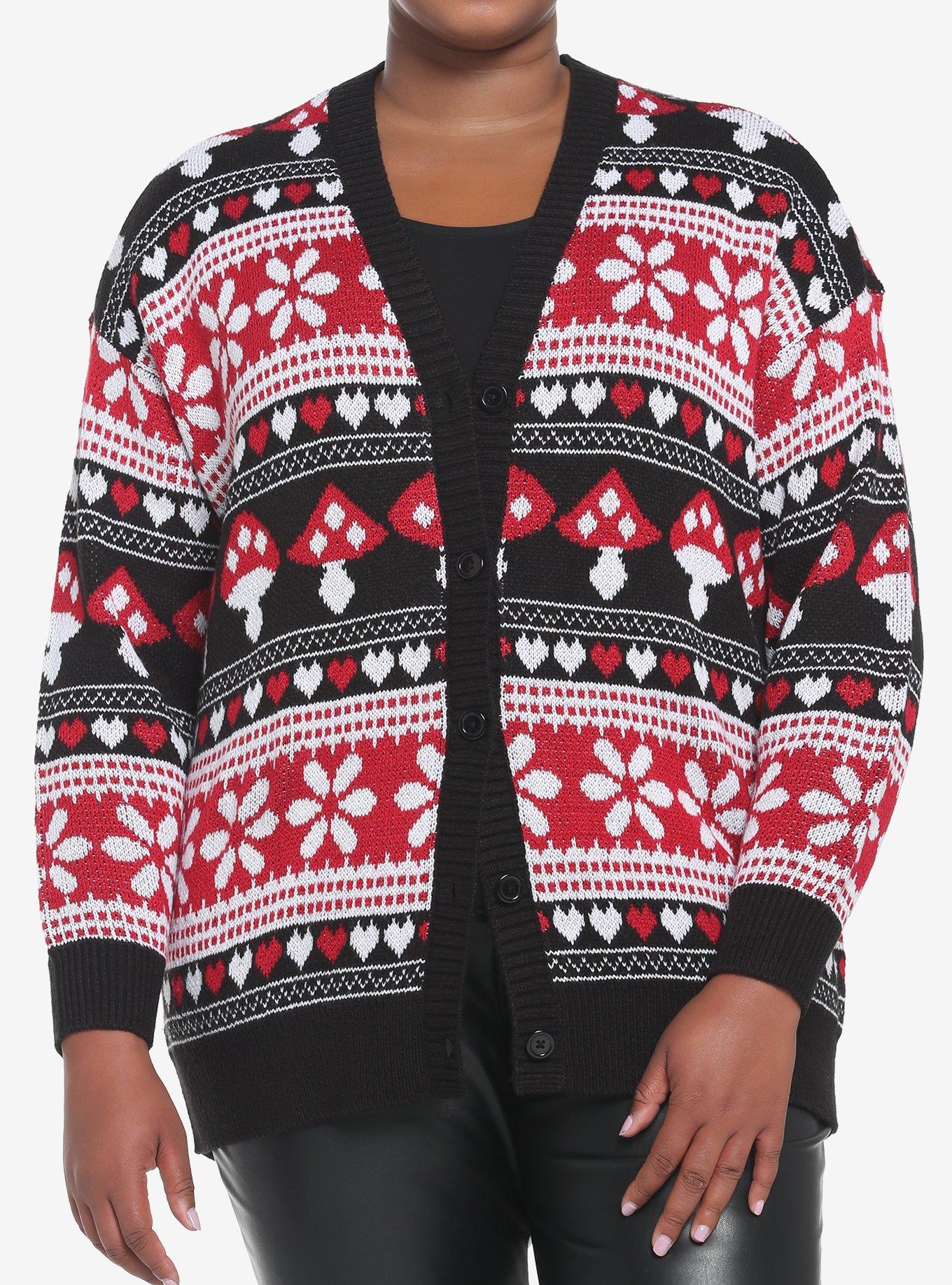 Mushrooms & Hearts Fair Isle Girls Oversized Cardigan Plus Size, RED, hi-res