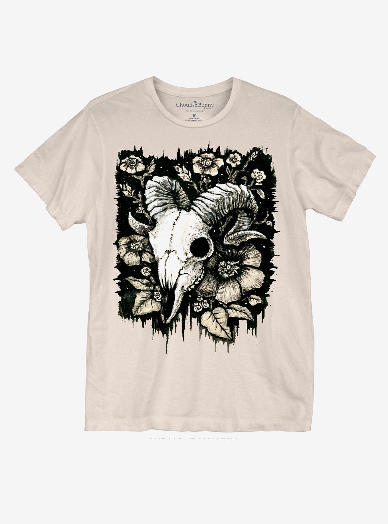 Ram Skull Floral Boyfriend Fit Girls T-Shirt By Ghoulish Bunny Studios, MULTI, hi-res