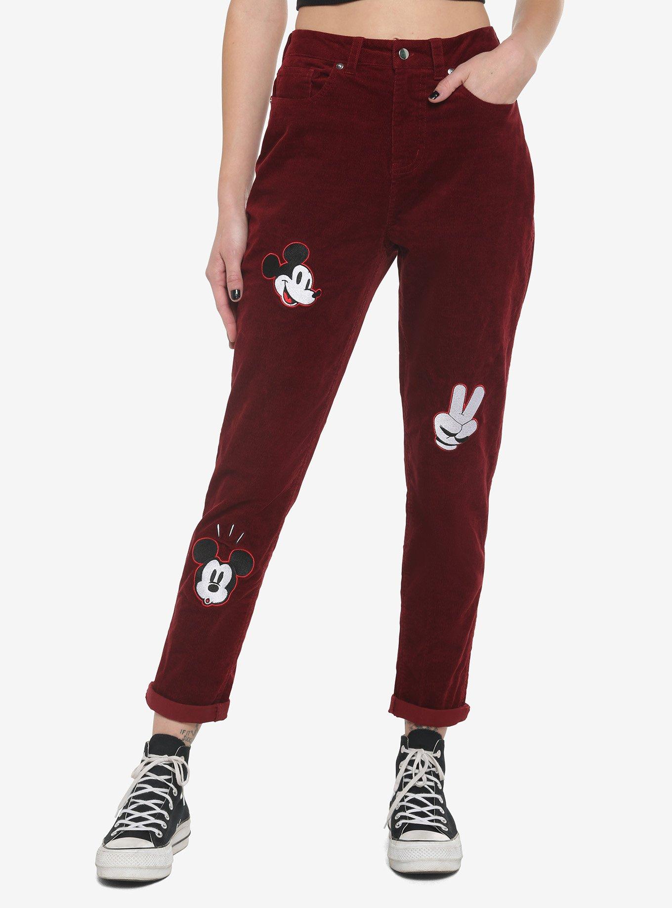 Disney Hot Topic Corduroy Mom Pants Mickey Mouse Embroidered Maroon Plus  Size 2