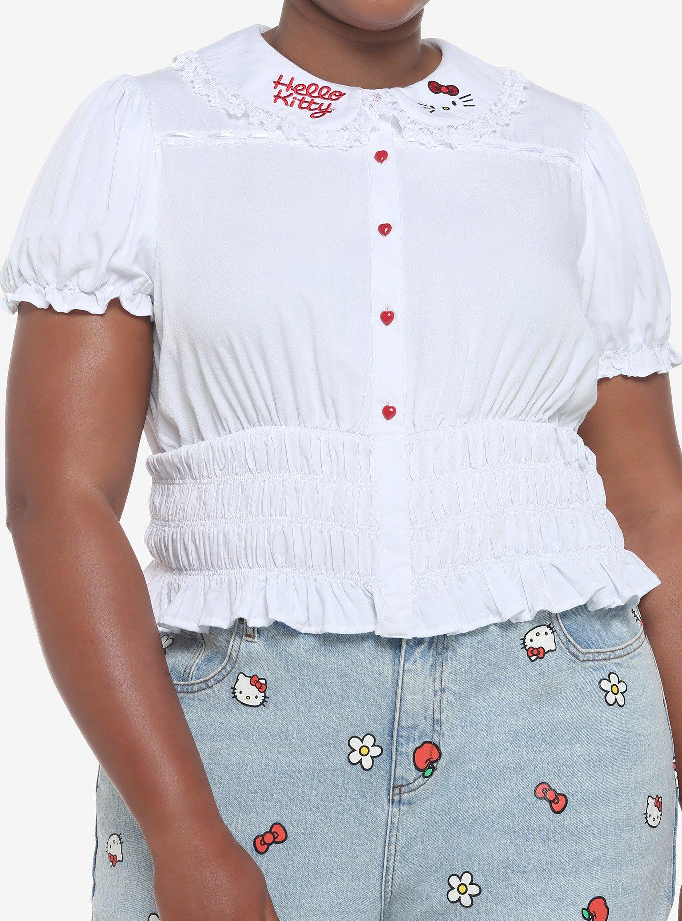 Hello Kitty Lace Woven Button-Up Top, BRIGHT WHITE, hi-res
