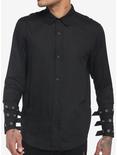 Black Grommet Strap Long-Sleeve Woven Button-Up, BLACK, hi-res