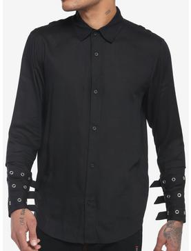 Black Grommet Strap Long-Sleeve Woven Button-Up, , hi-res