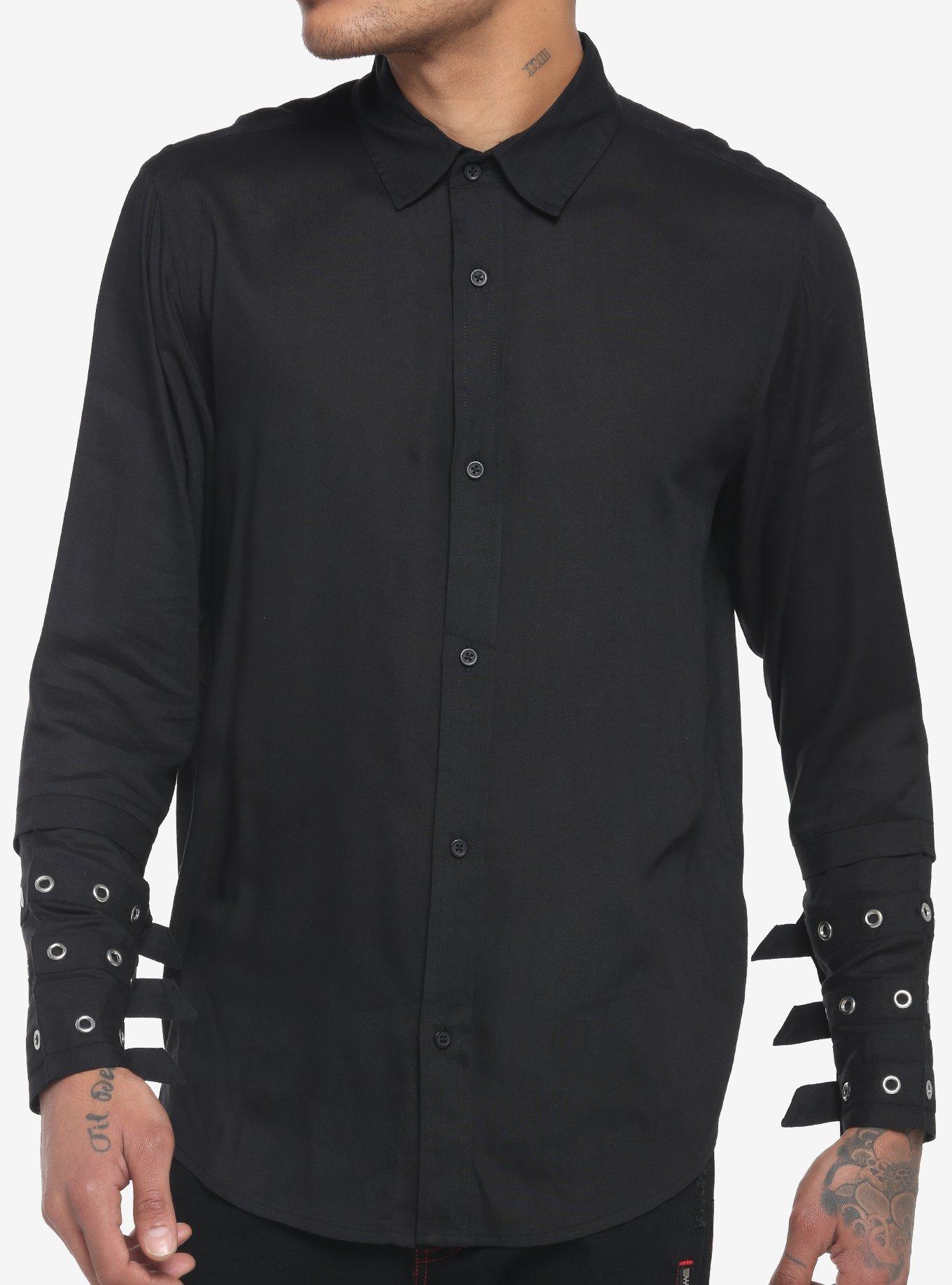 Black Grommet Strap Long-Sleeve Woven Button-Up, BLACK, hi-res