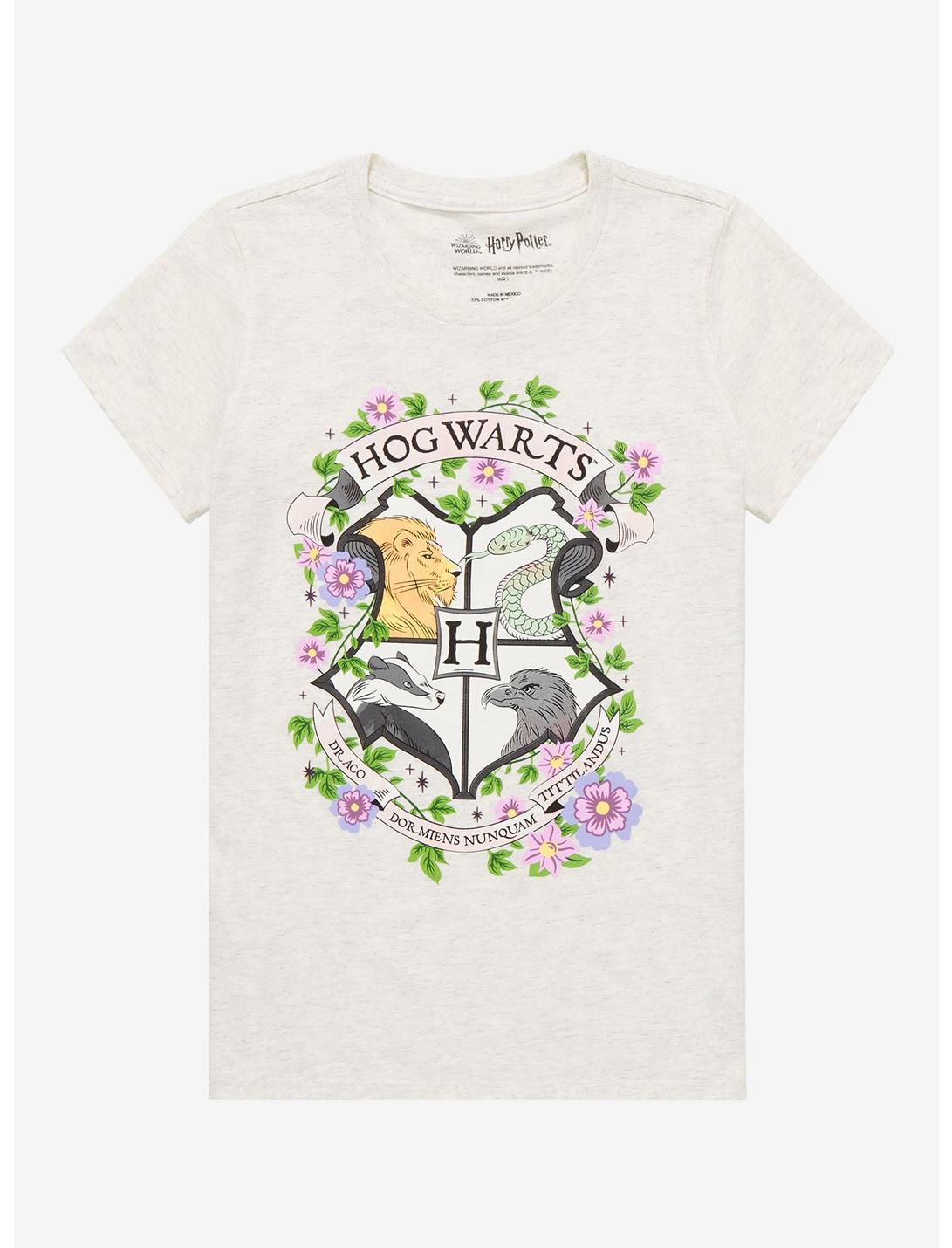 Harry Potter Hogwarts Mascots Floral Crest Boyfriend Fit Girls T-Shirt, MULTI, hi-res