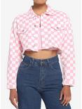 Pink Checkered Crop Denim Girls Jacket, PINK, hi-res
