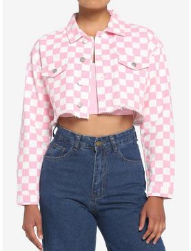 Pink Checkered Crop Denim Girls Jacket, , hi-res