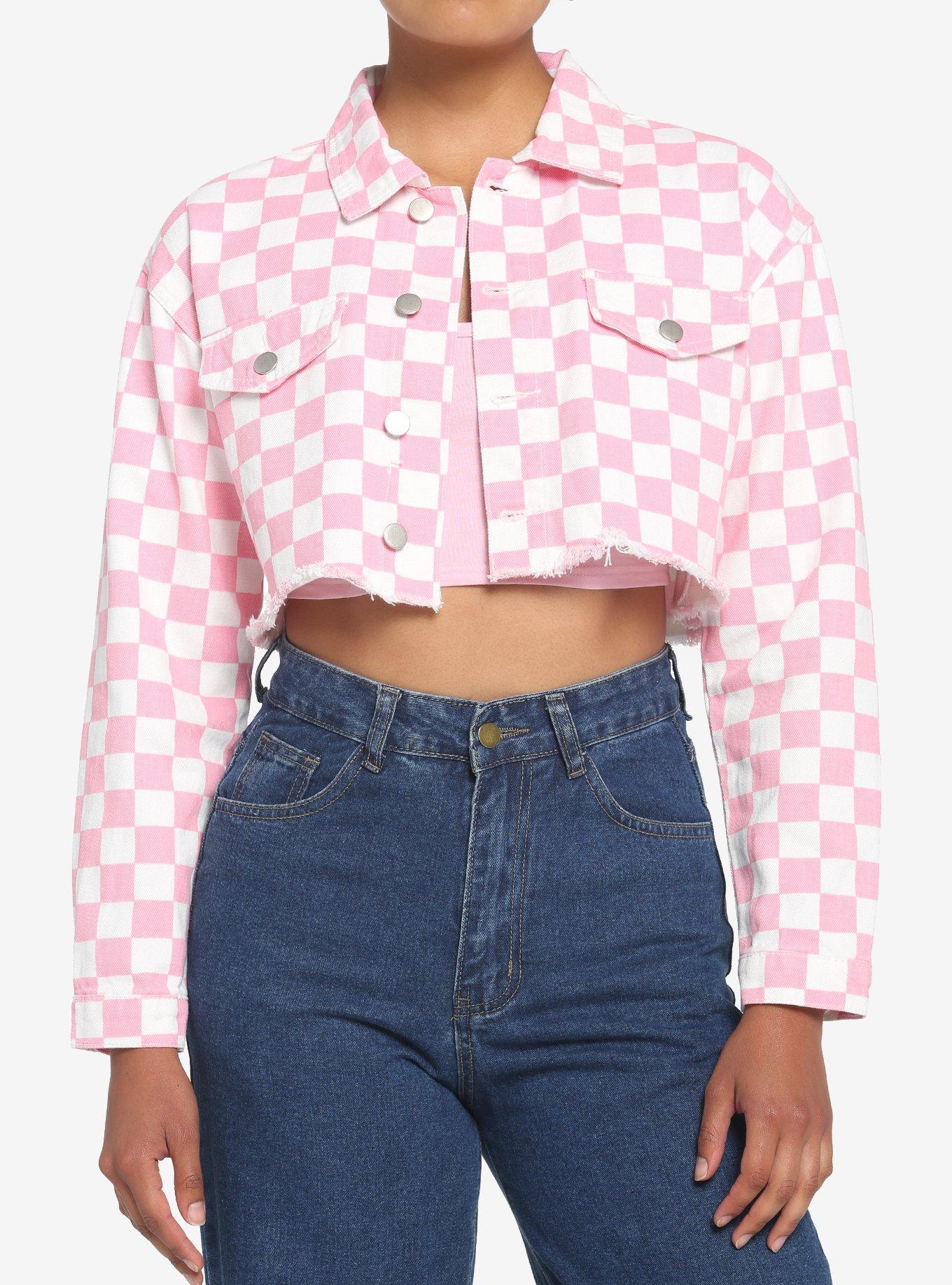 Pink Checkered Crop Denim Girls Jacket, PINK, hi-res