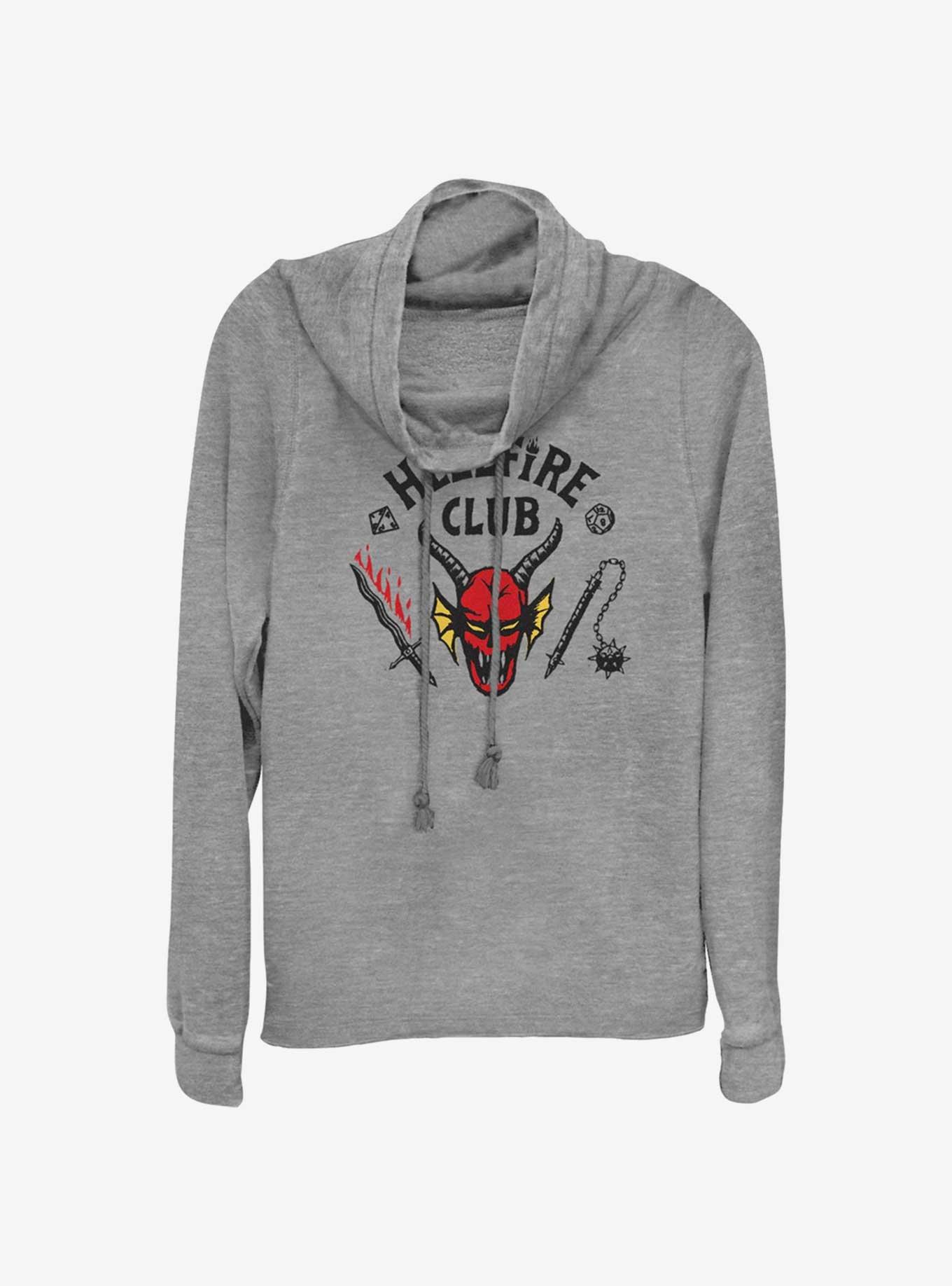 Stranger Things Hellfire Club Logo Cowl Neck Long-Sleeve Top, GRAY HTR, hi-res