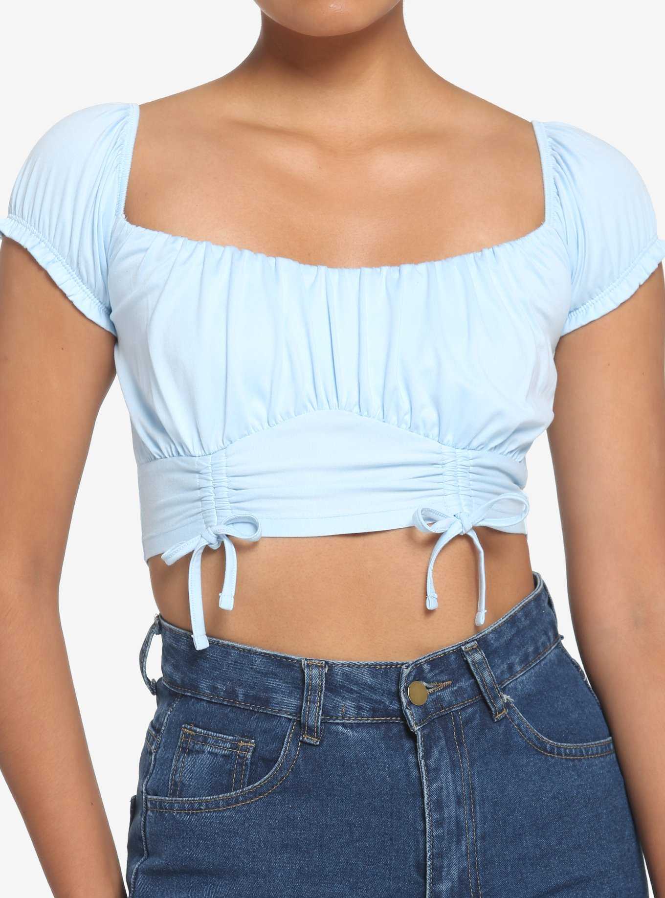 Light Blue Double Ruched Girls Crop Top, , hi-res