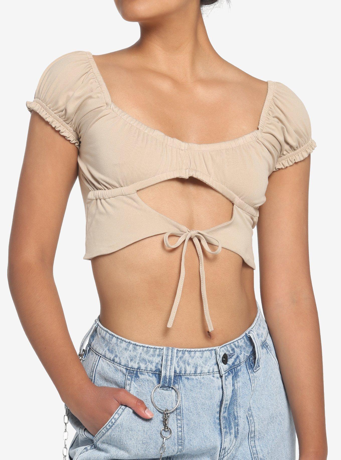 Beige Cutout Puff Sleeve Girls Crop Top, BEIGE, hi-res