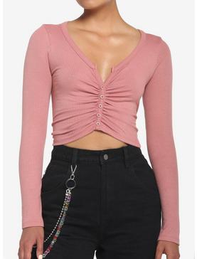 Dusty Pink Button-Front Long-Sleeve Girls Top, , hi-res