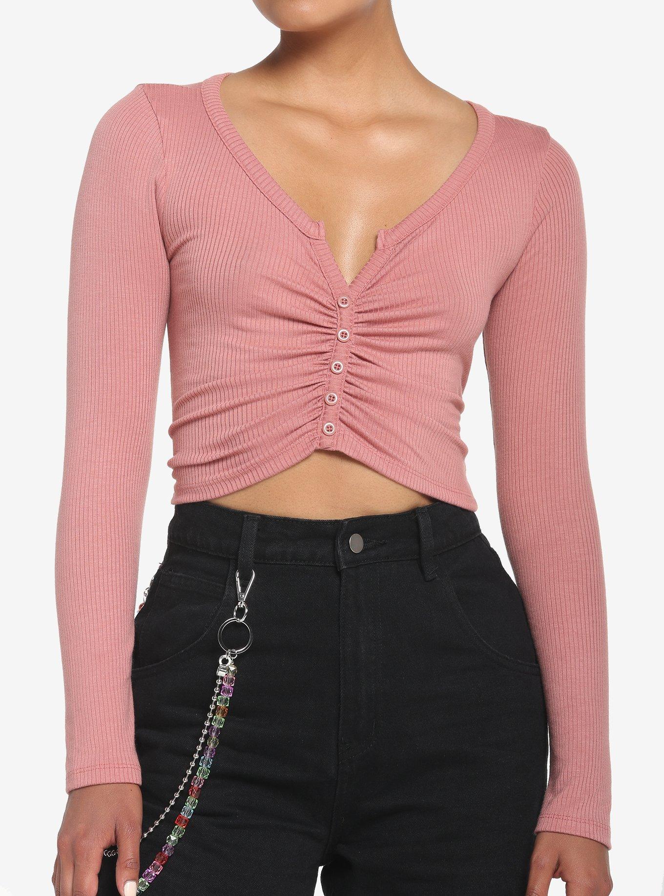 Dusty Pink Button-Front Long-Sleeve Girls Top, , hi-res