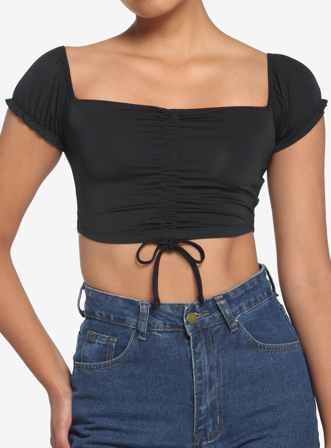 Black Ruched Puff Sleeve Girls Crop Top, BLACK, hi-res