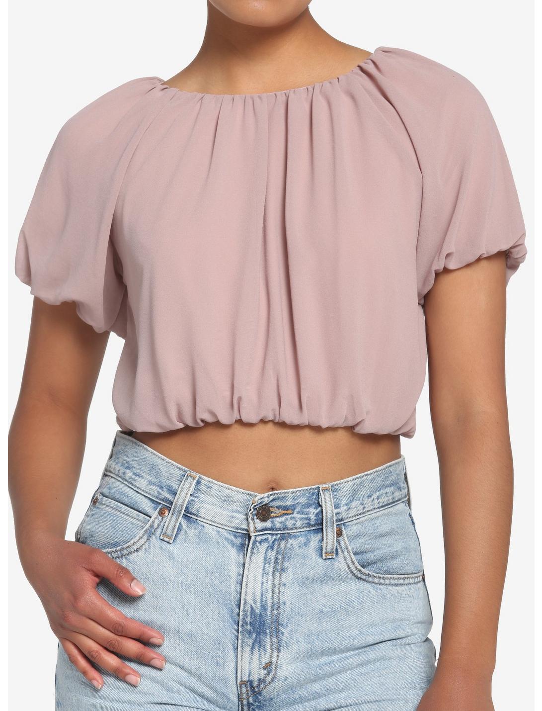 Ruched Puffy Taupe Girls Crop Top, TAUPE, hi-res