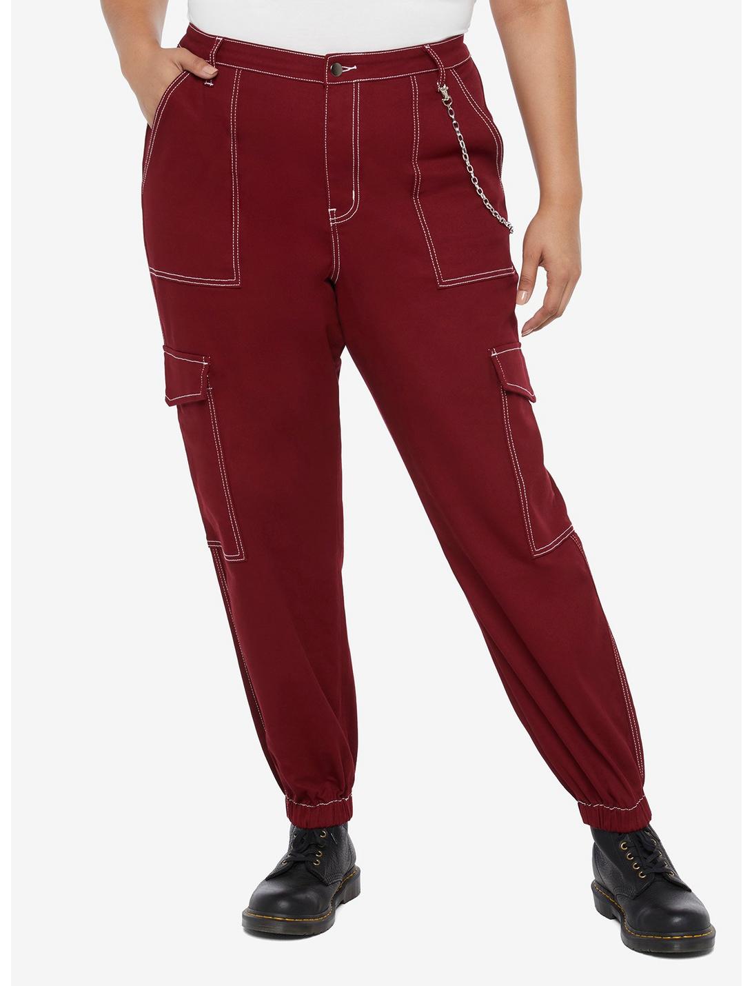 Burgundy Girls Cargo Jogger Pants Plus Size, RED, hi-res