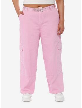 Sweet Society Pink Corduroy Cargo Carpenter Pants With Belt Plus Size, , hi-res