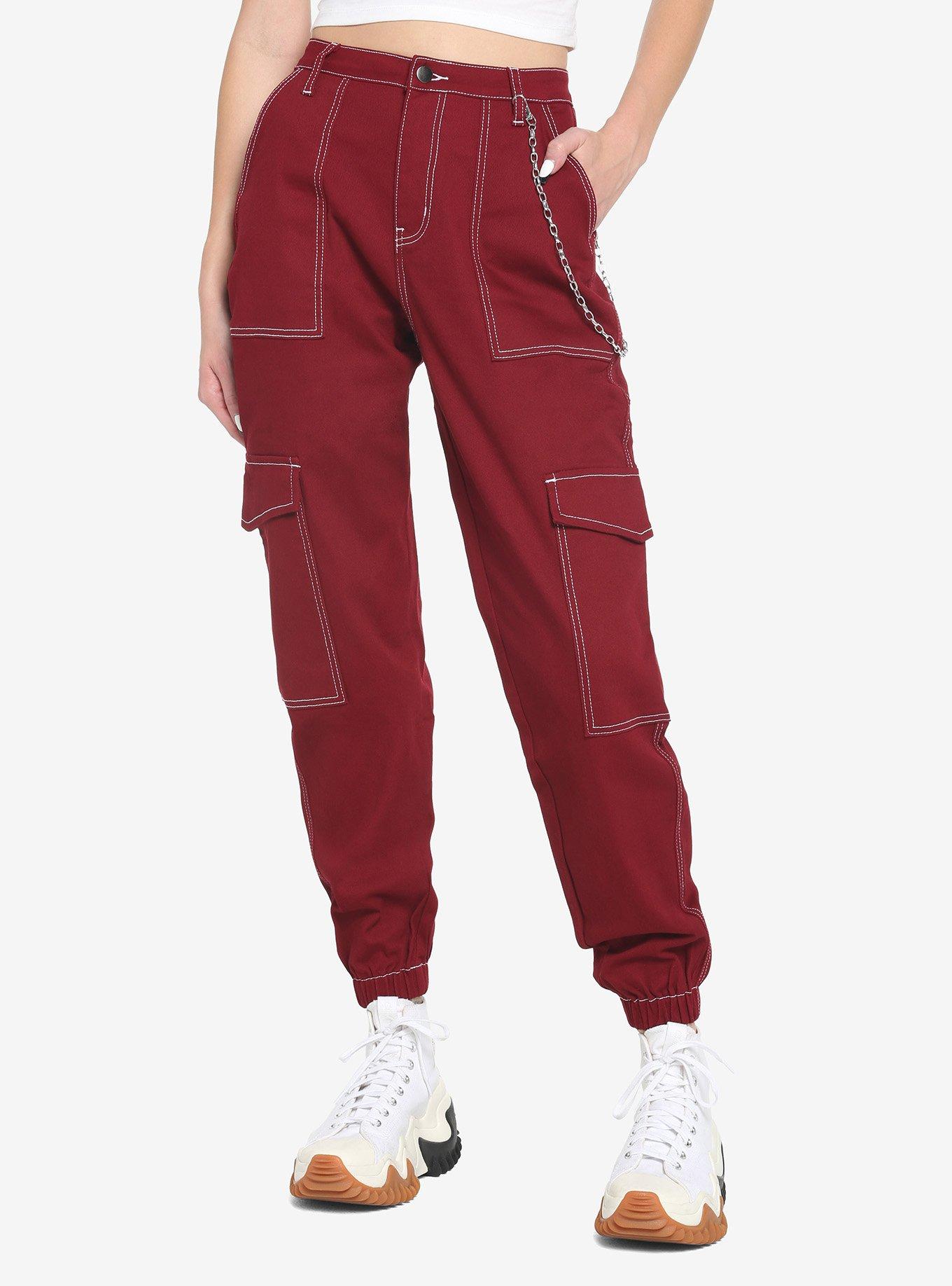 Burgundy Girls Cargo Jogger Pants, RED, hi-res