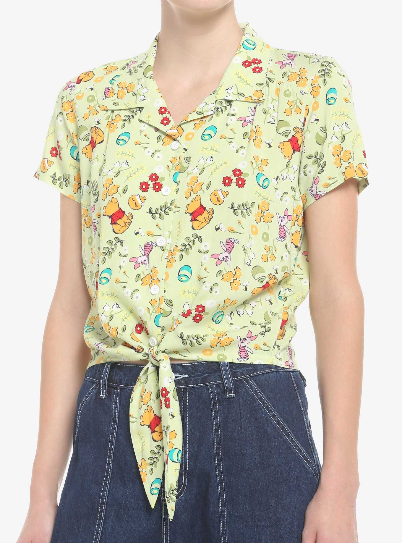 Disney Winnie The Pooh Cottagecore Floral Tie-Front Woven Button-Up, , hi-res