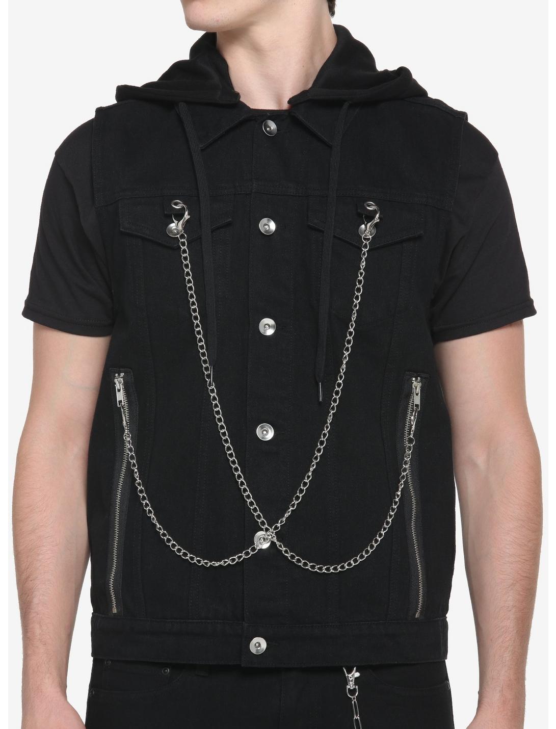 Black Double Chain Denim Vest, BLACK, hi-res