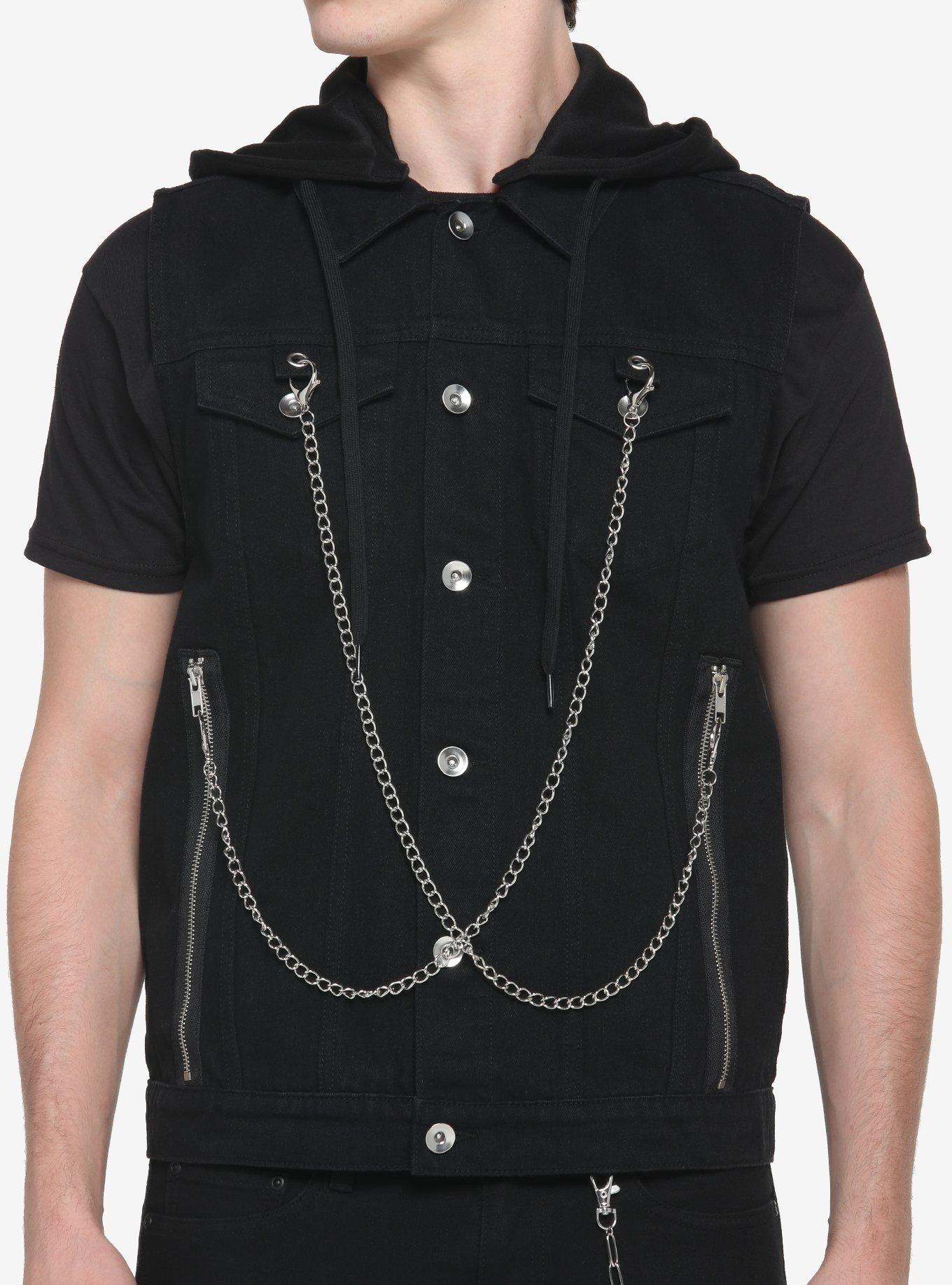 Black Double Chain Denim Vest, BLACK, hi-res