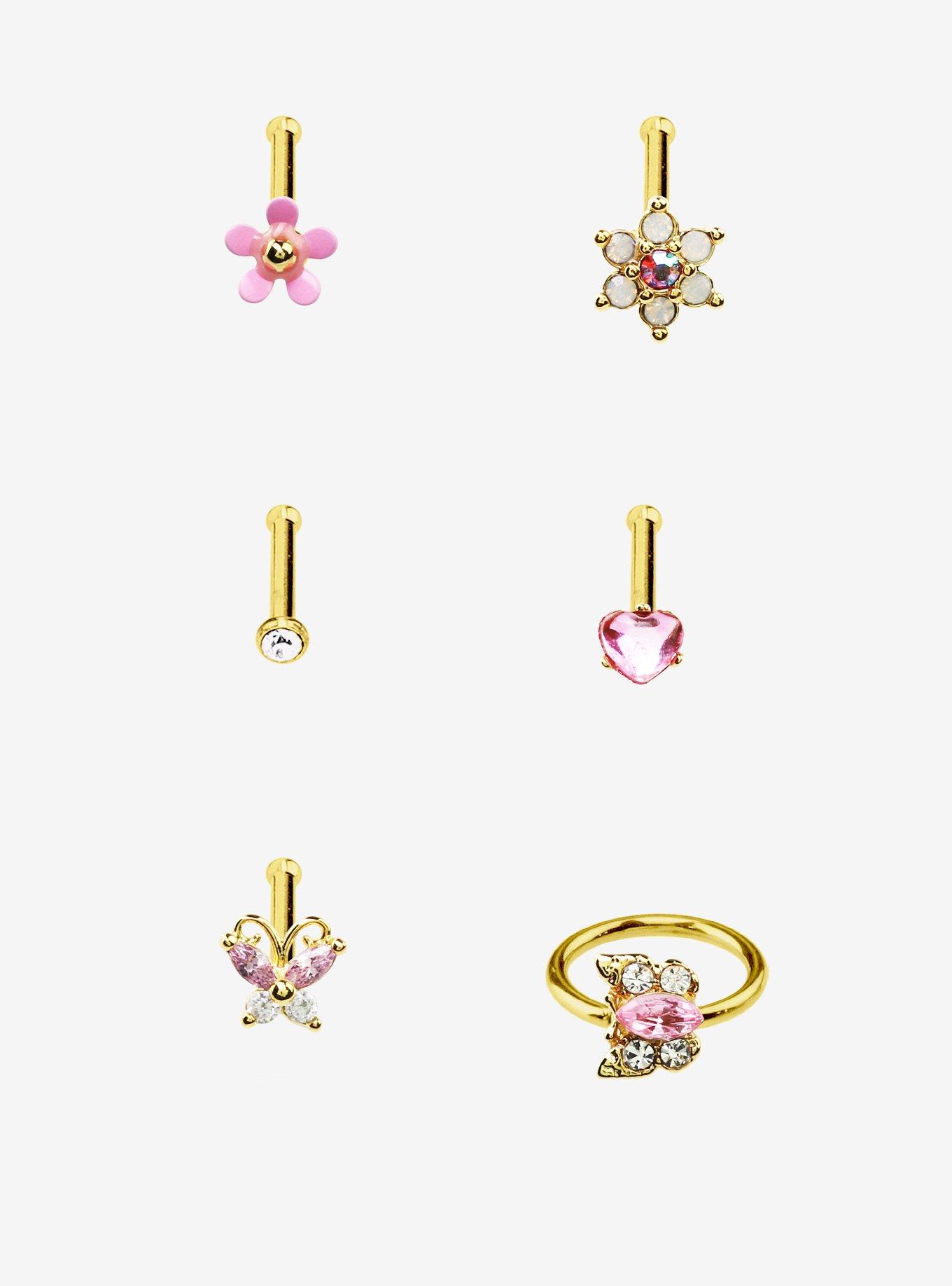 Steel Pink Butterfly Flower Nose Stud Hoop 6 Pack