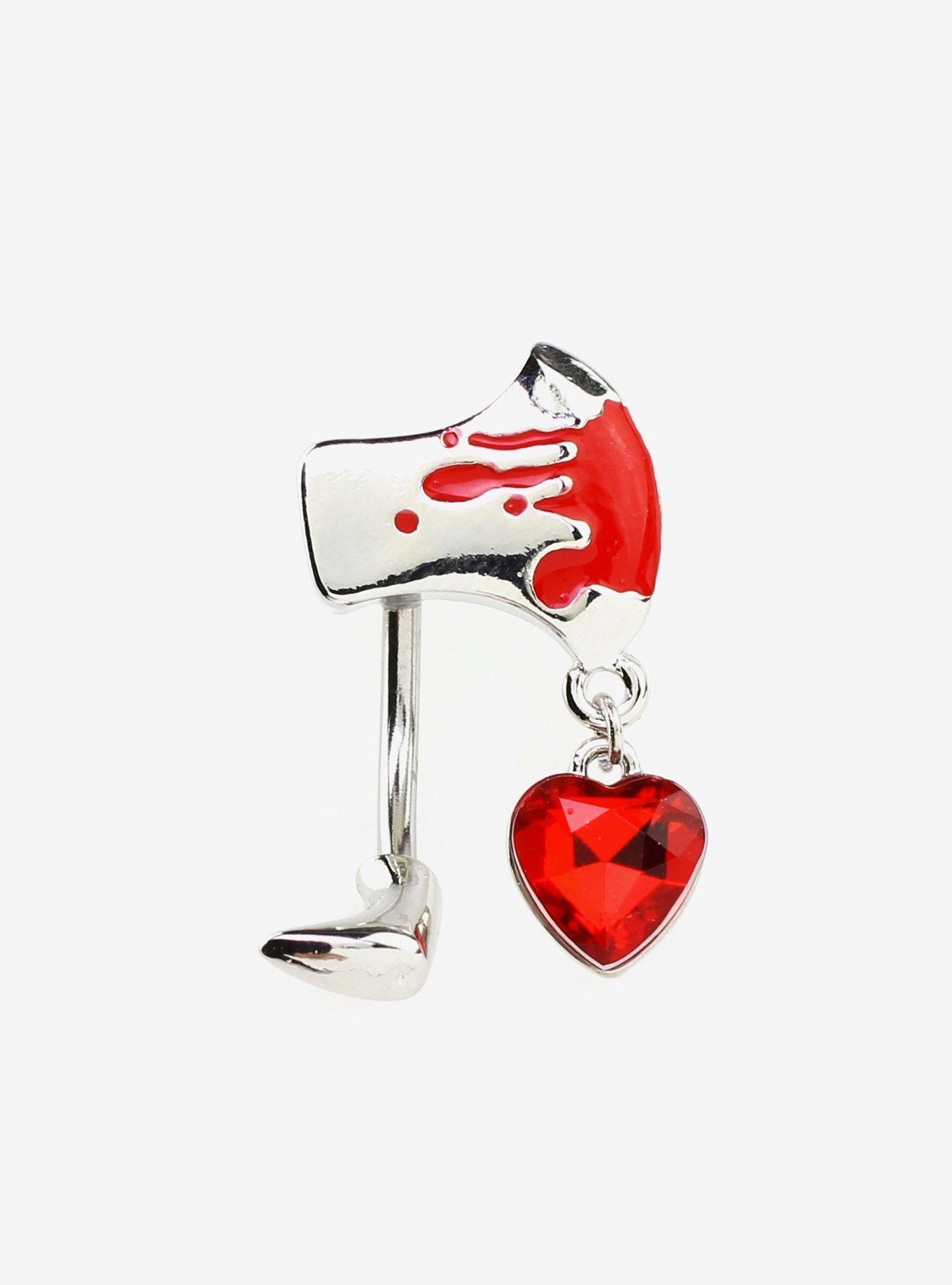 14G Steel Silver Bloody Hatchet Heart Navel Barbell, , hi-res