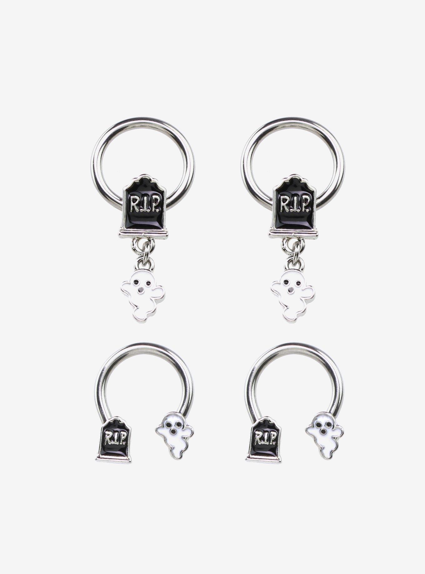 Steel Ghost Tombstone Captive Hoop & Circular Barbell 4 Pack, SILVER, hi-res