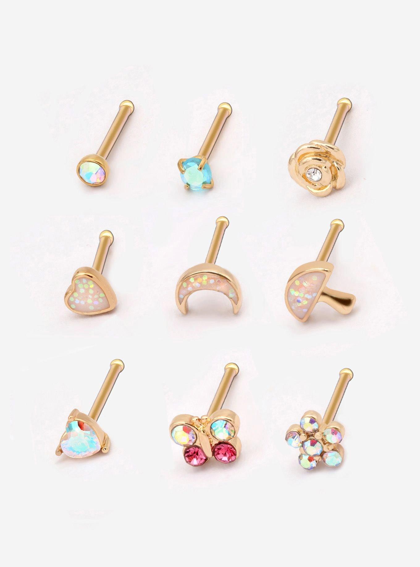 Steel Gold Butterfly Mushroom Nose Stud 9 Pack, GOLD, hi-res