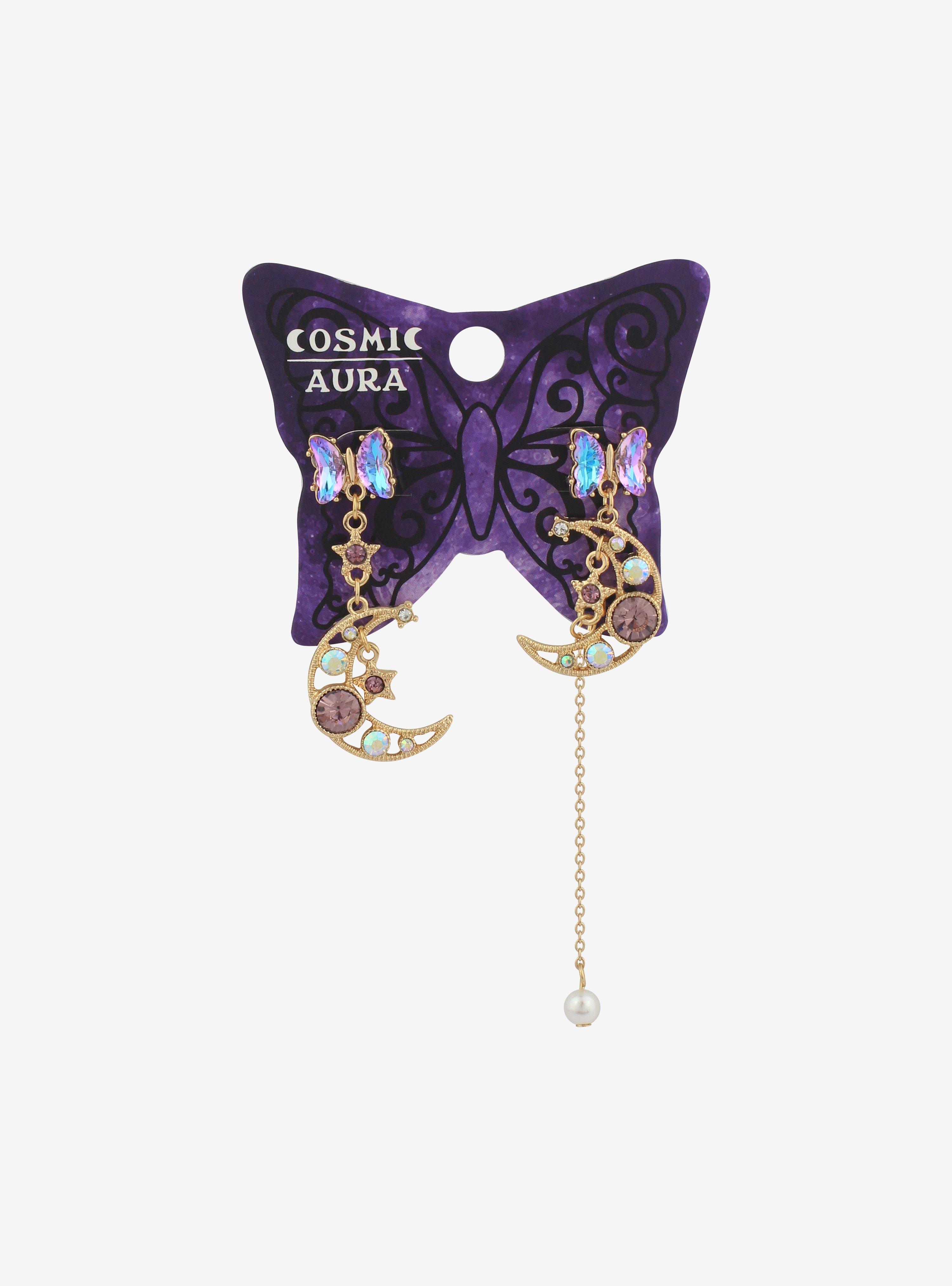 Butterfly & Crescent Moon Jeweled Mismatch Earrings, , hi-res