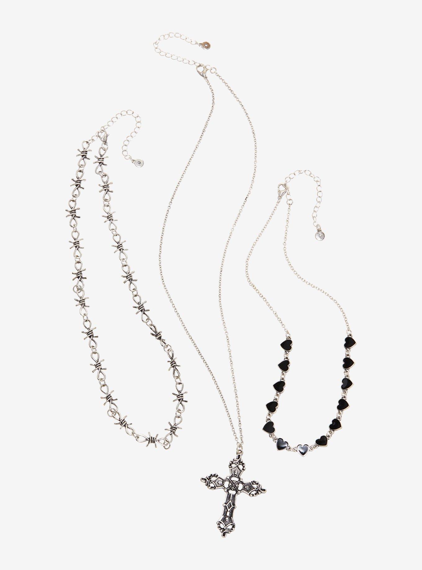 Ornate Cross Barbed Wire Heart Necklace Set | Hot Topic