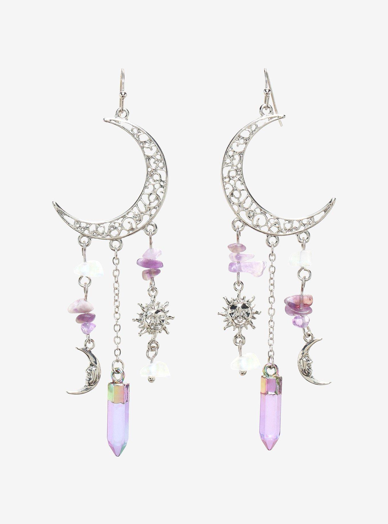 Crescent Moon Filigree Purple Stone Earrings, , hi-res