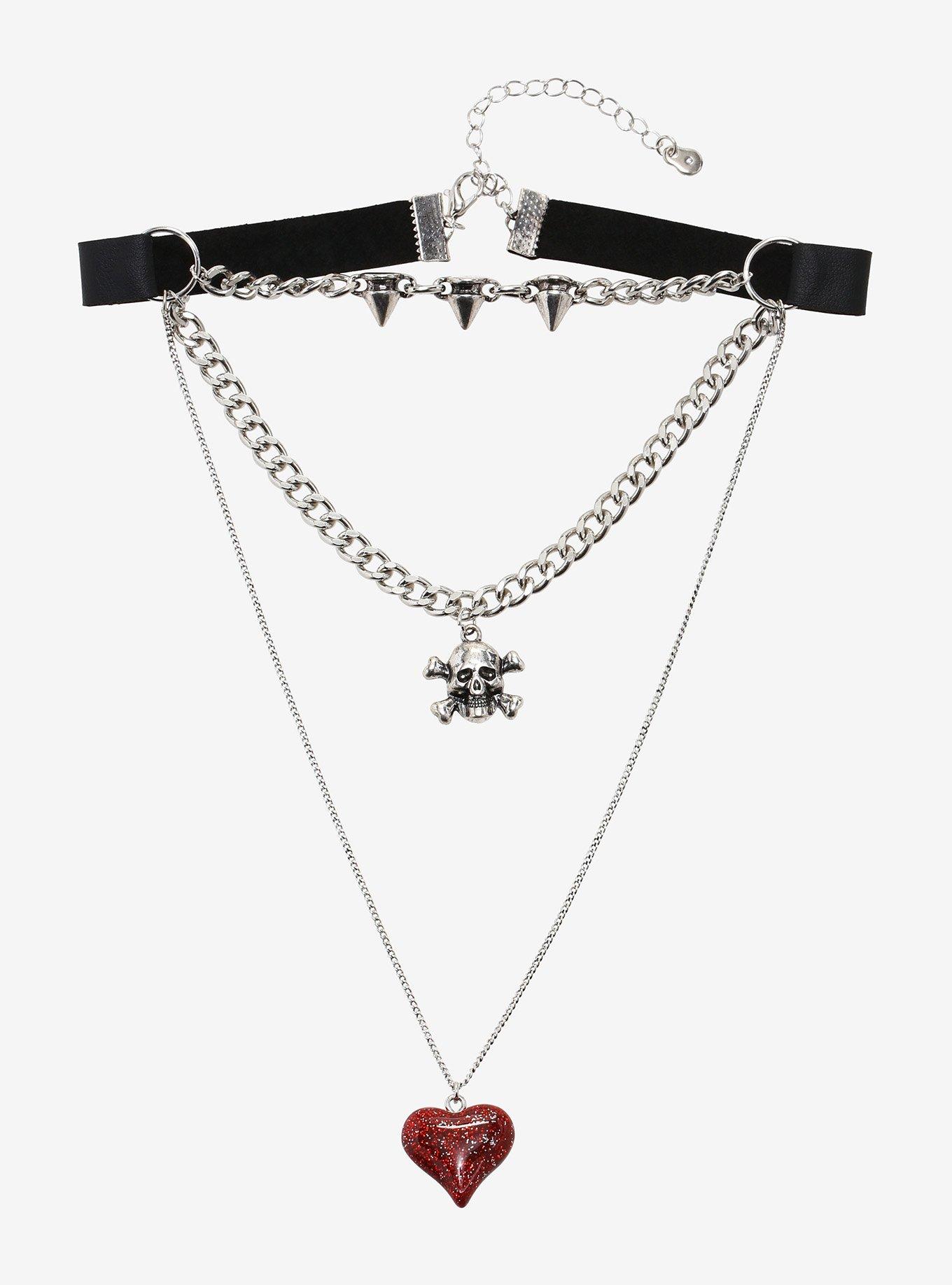 Skull Glitter Heart Spike Chain Choker, , hi-res