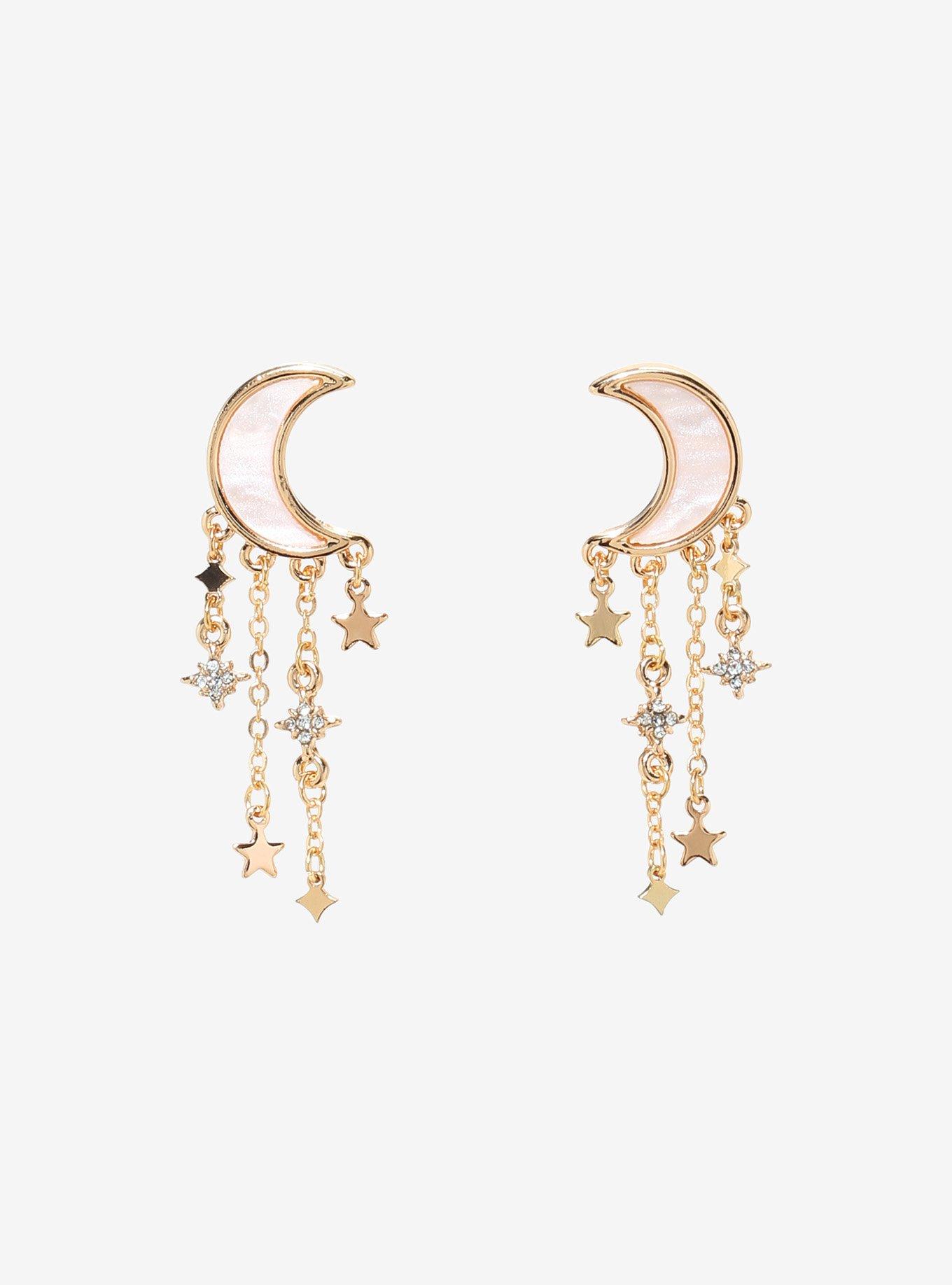 Opal Crescent Moon Star Drop Earrings, , hi-res
