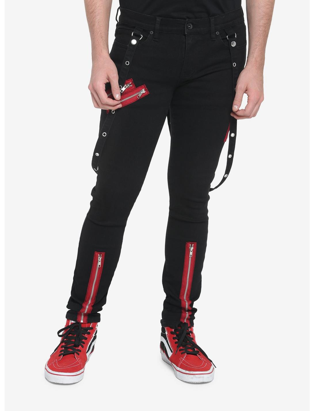 HT Denim Red Zipper Stinger Jeans With Grommet Suspenders, BLACK  RED, hi-res