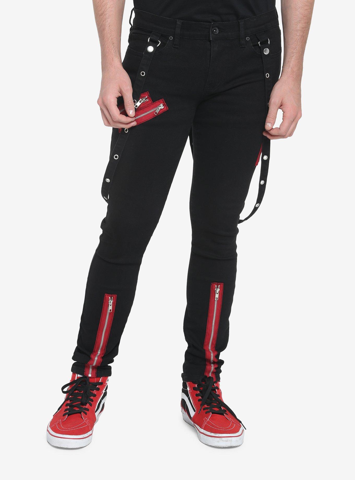 HT Denim Red Zipper Stinger Jeans With Grommet Suspenders, BLACK  RED, hi-res