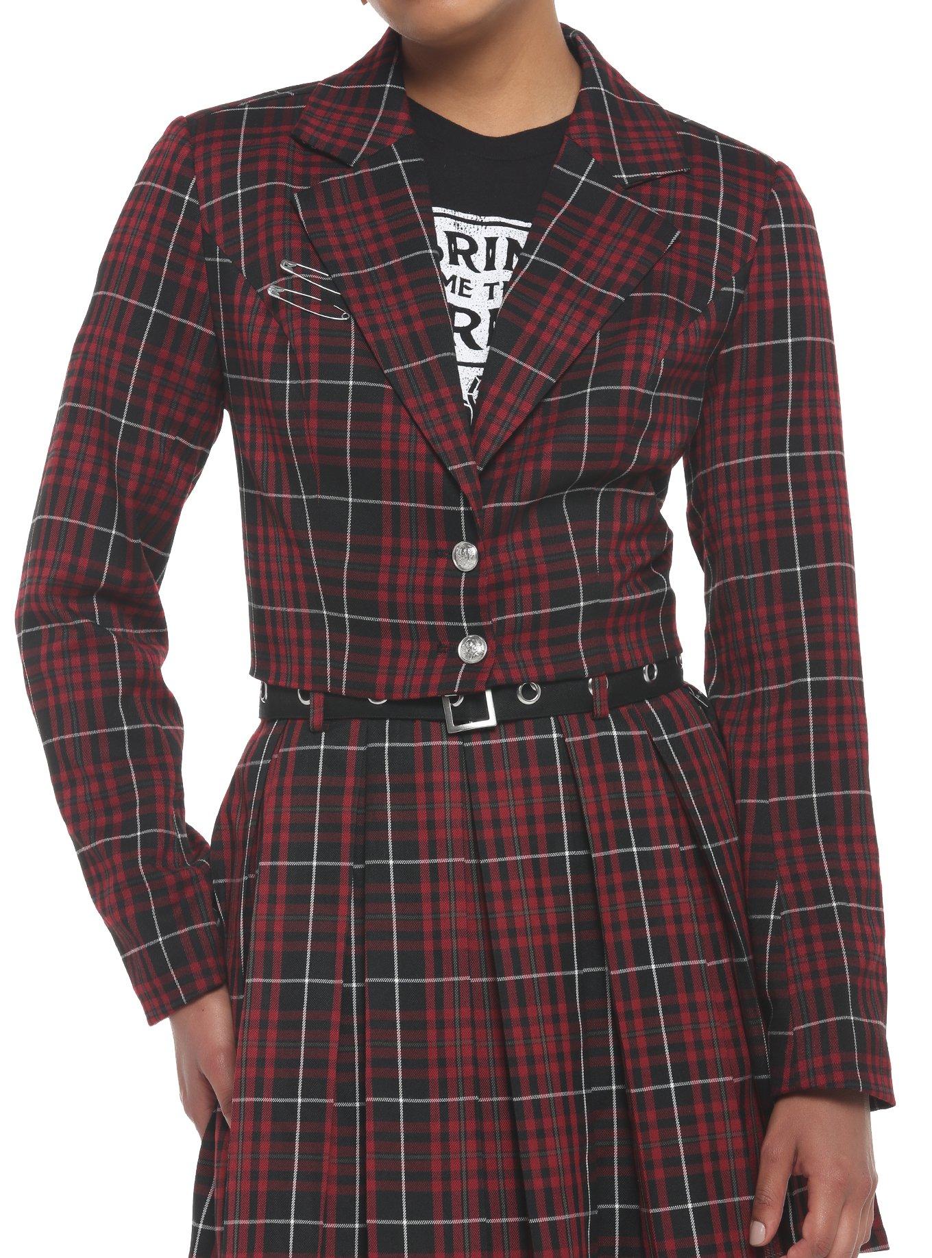 Dark Red Plaid Crop Girls Blazer
