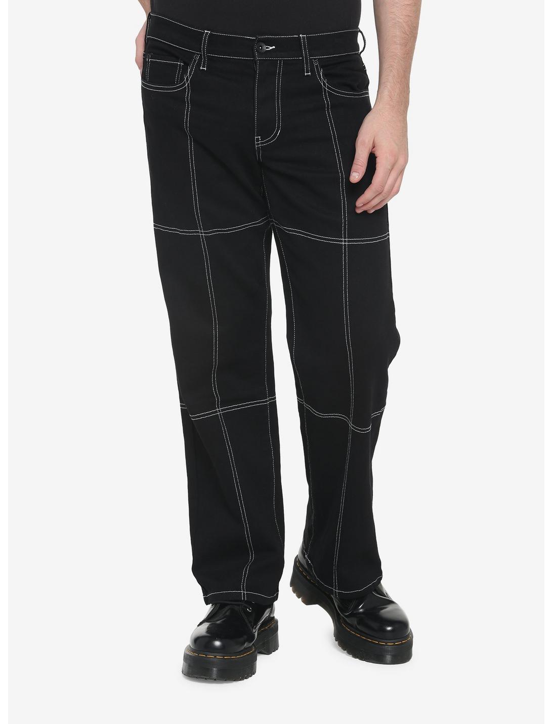 Black & White Contrast Stitch Straight Leg Jeans, BLACK, hi-res