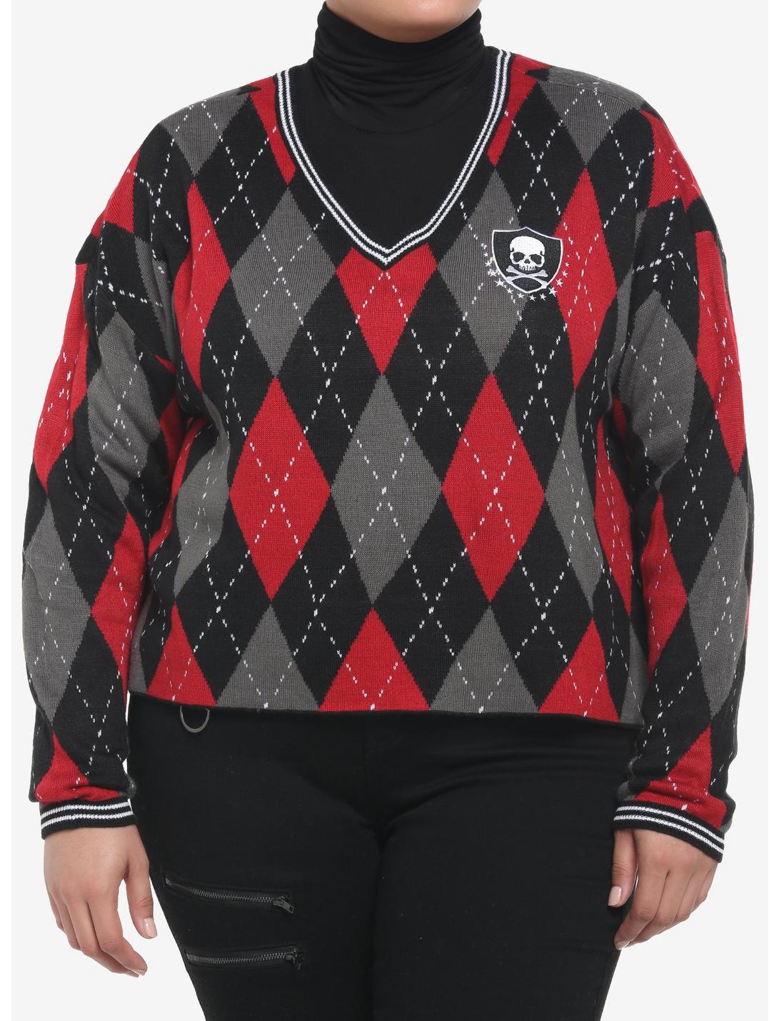 Skull Crest Argyle V-Neck Girls Sweater Plus Size, MULTI, hi-res
