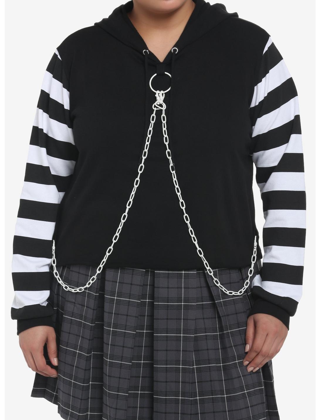 Black & White Chain Stripe Crop Girls Hoodie Plus Size, MULTI, hi-res