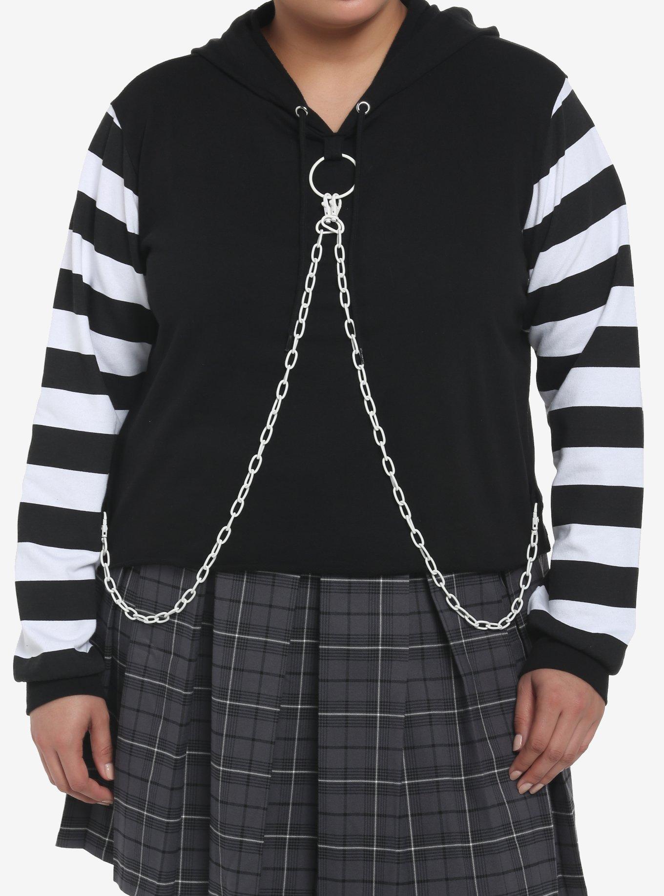 Black & White Chain Stripe Crop Girls Hoodie Plus Size, MULTI, hi-res
