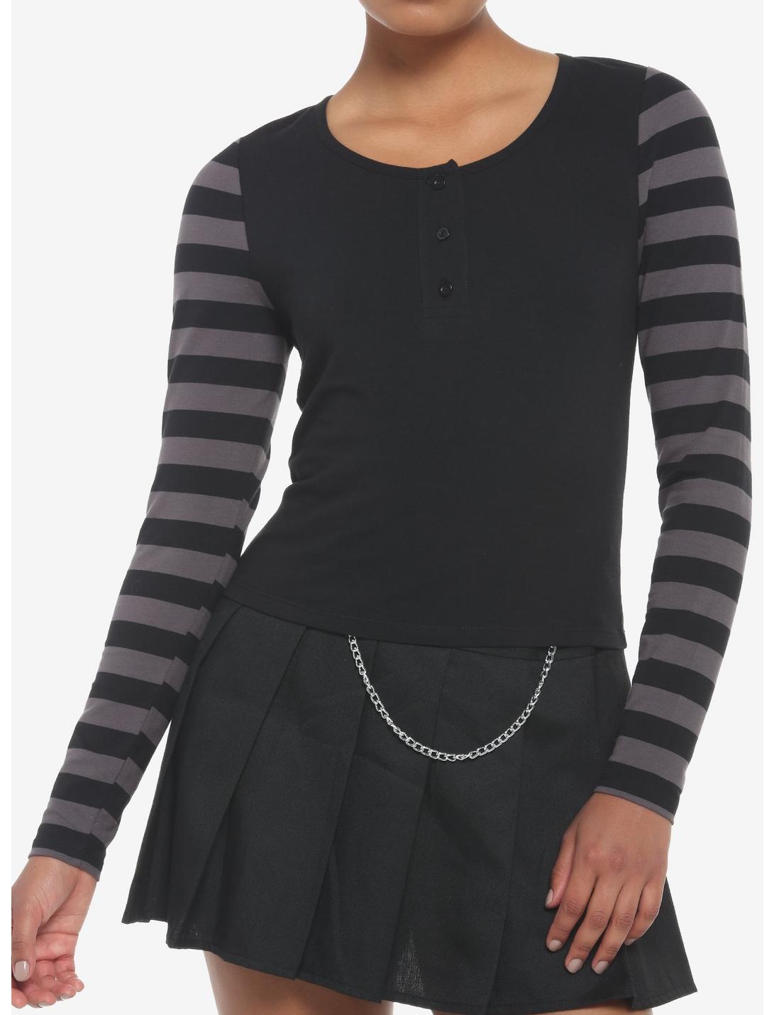 Black & Grey Stripe Girls Crop Long-Sleeve Henley, GREY, hi-res