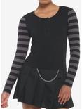 Black & Grey Stripe Girls Crop Long-Sleeve Henley, GREY, hi-res