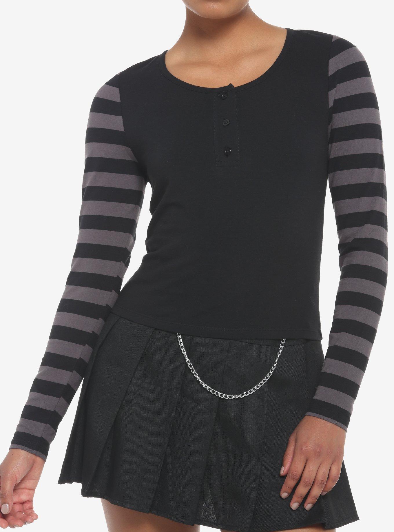 Black & Grey Stripe Girls Crop Long-Sleeve Henley, GREY, hi-res